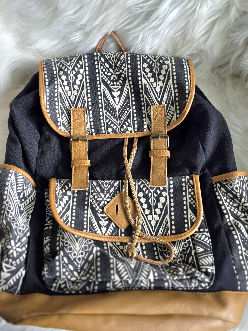 Aztec Patterened Boho Canvas Faux Leather Trimmed Backpack Bag